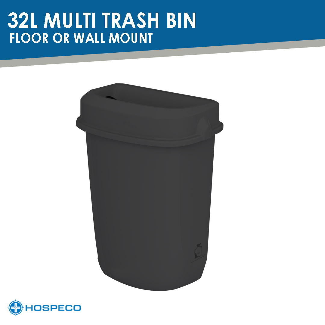 32L Multi Trash Bin | Floor or Wall-Mounted Trash Bin (Black) | Trash Can | HOSPECO
