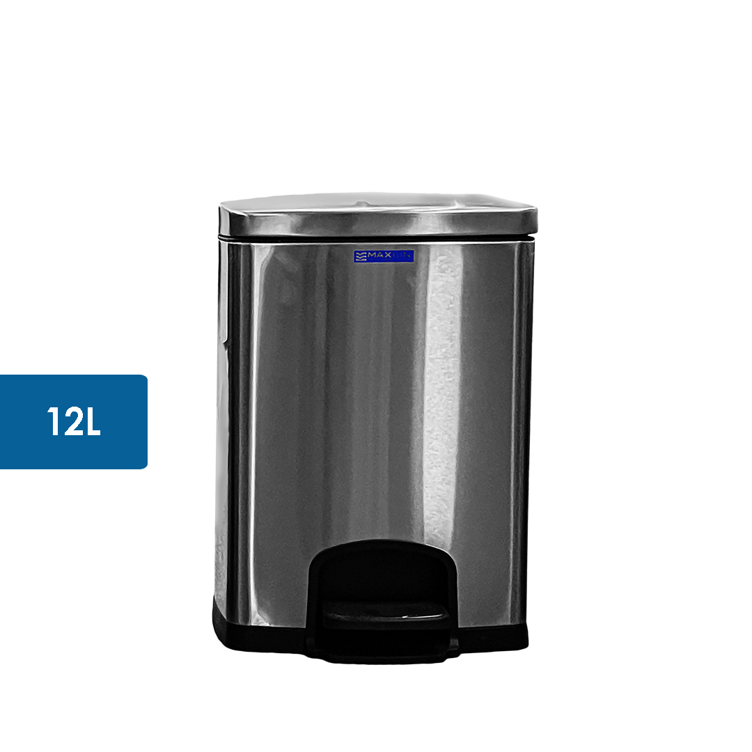 Maxbin Stainless Square Step Bin 12L | Trash Can with Cover | Foot Pedal Trash Bin | HOSPECO